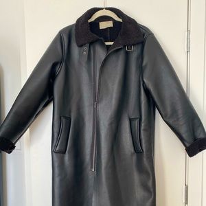 Warm, long, faux leather, motorcycle jacket